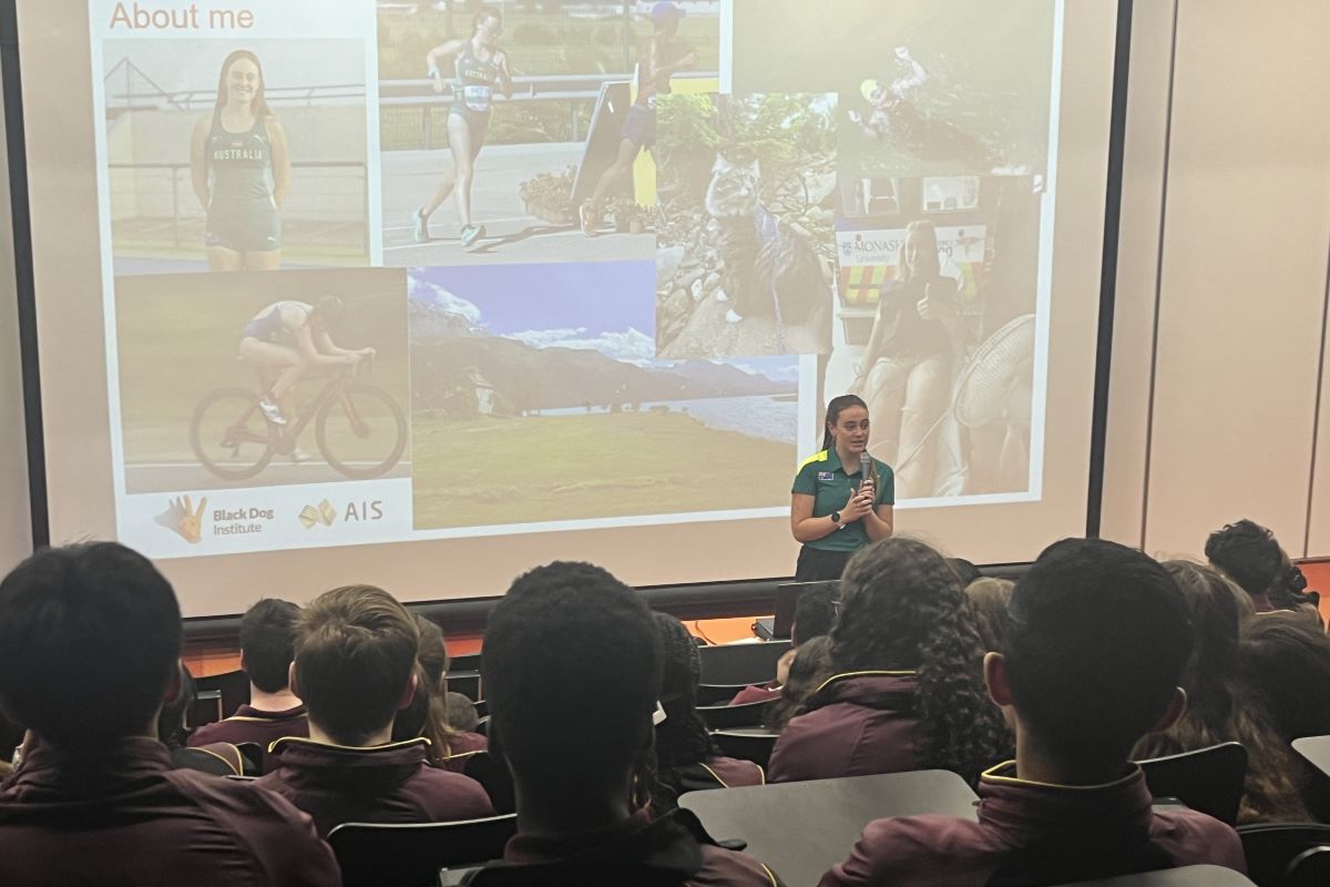 Rebecca Henderson presenting at a school for the AIS Mental Fitness Program